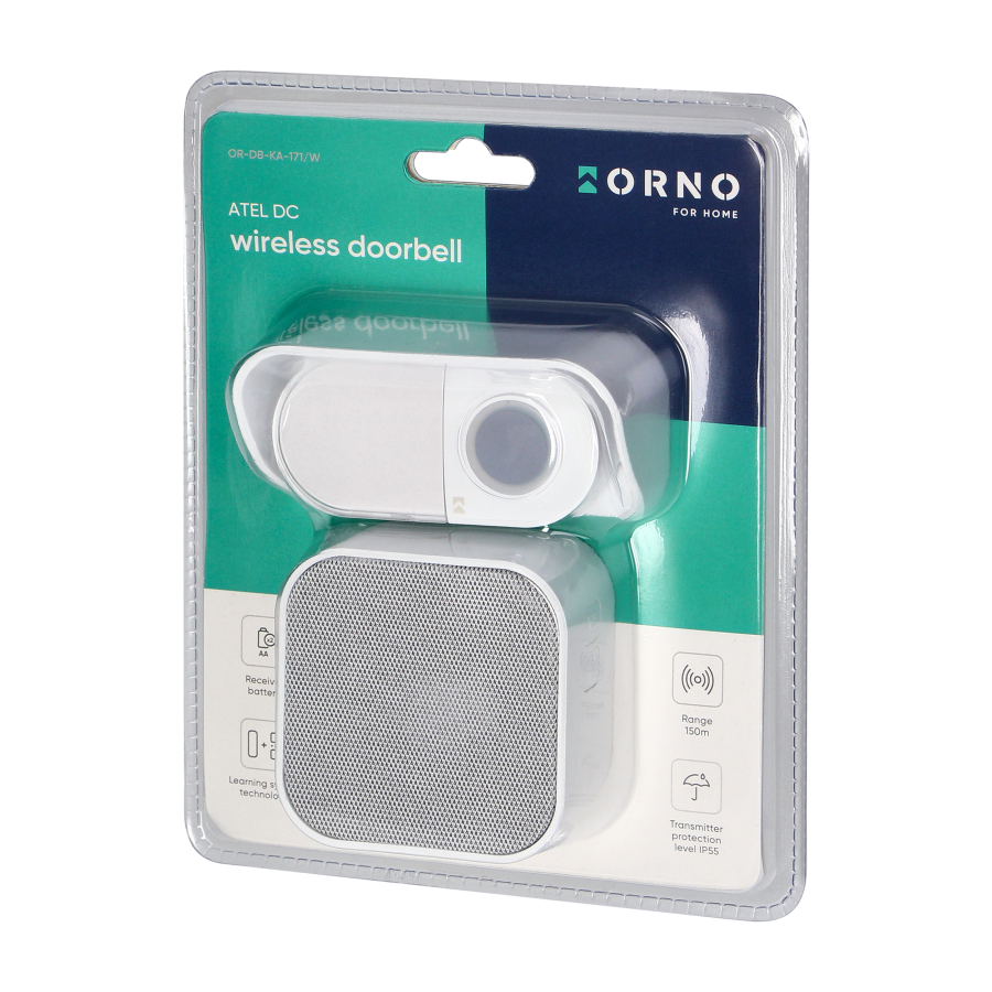 ATEL DC, wireless battery-powered doorbell, learning system, 38 sounds, 150m, white