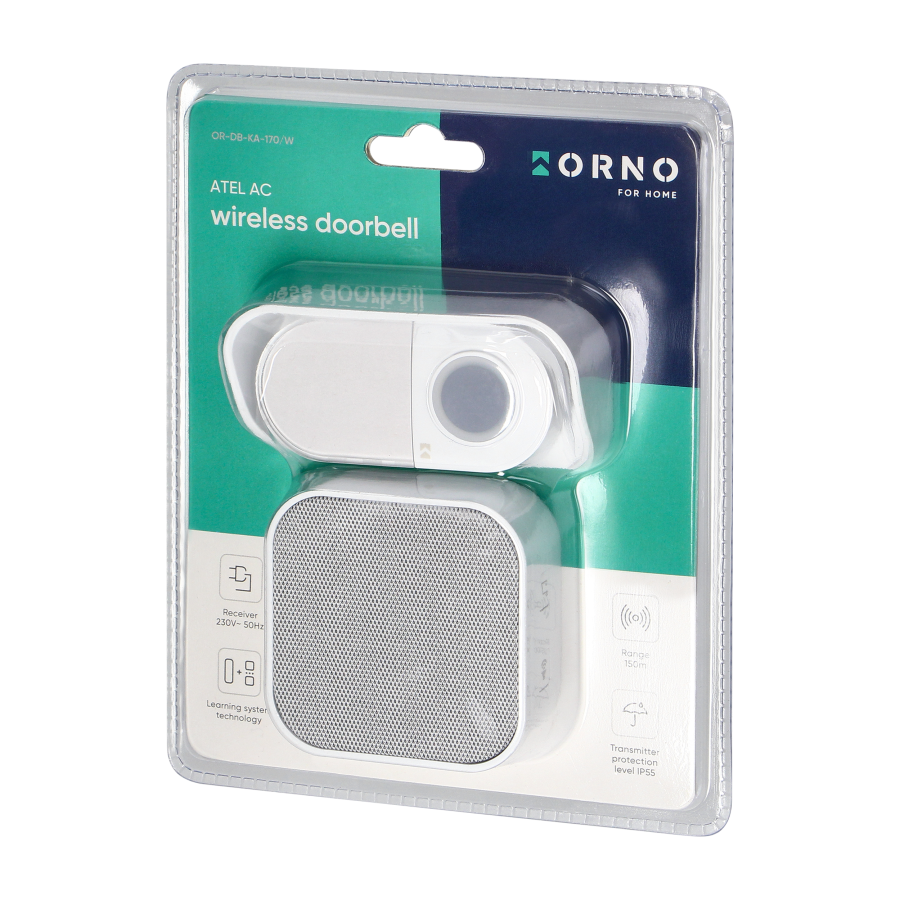 ATEL AC, wireless mains-powered doorbell, learning system, 38 sounds, 150m, white