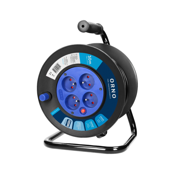 Przedłużacz bębnowy, 4 gniazda 2P+Z, kabel PVC H05VV-F 3x1,0mm², długość 30m, termik, przesłony torów prądowych.