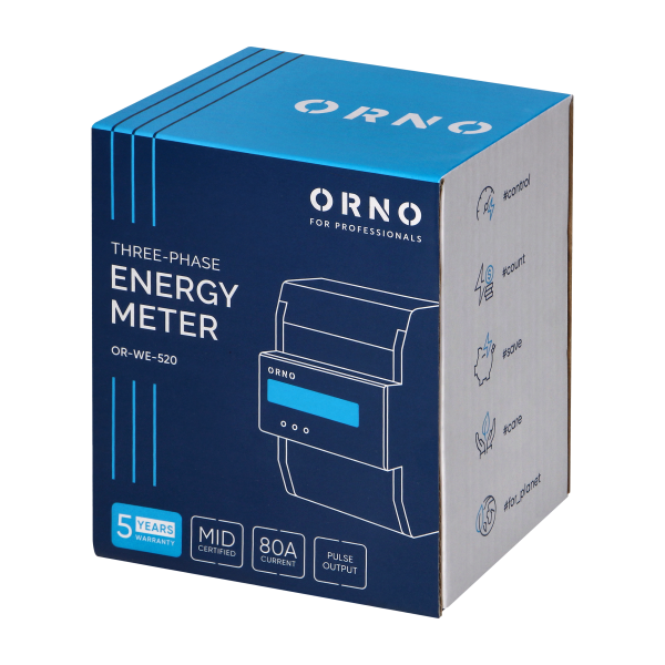 3-phase energy meter with MID, 80A, 4.5 modules, DIN TH-35mm 3-phase energy meter with MID, 80A, 4.5 modules, DIN TH-35mm