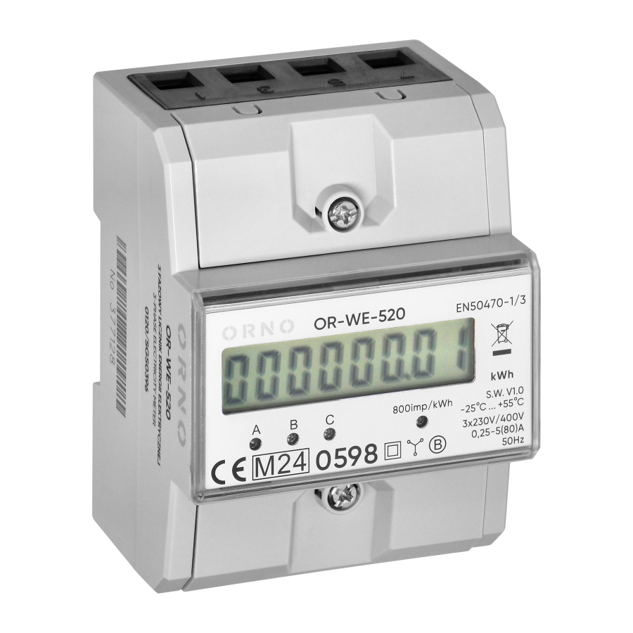 3-fazowy licznik energii elektrycznej, 80A, MID, 4,5 modułu, DIN TH-35mm