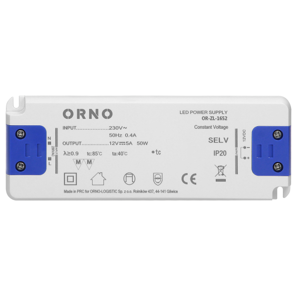 Flat power adaptor for LED, 12VDC 50W, IP20, height: 18mm