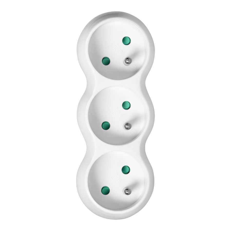 Rounded socket splitter 3x2P+E with plug on top, white