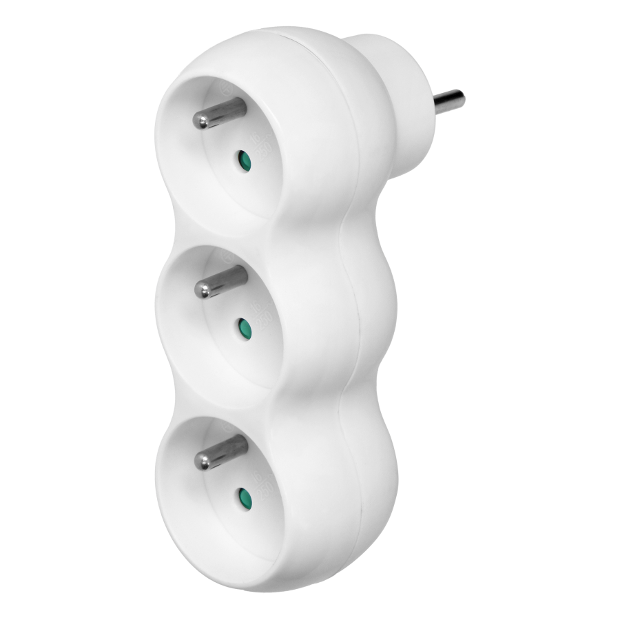 Rounded socket splitter 3x2P+E with plug on top, white