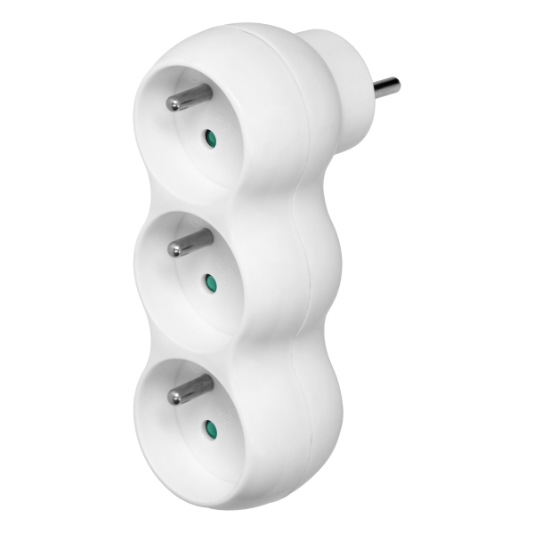 Rounded socket splitter 3x2P+E with plug on top, white