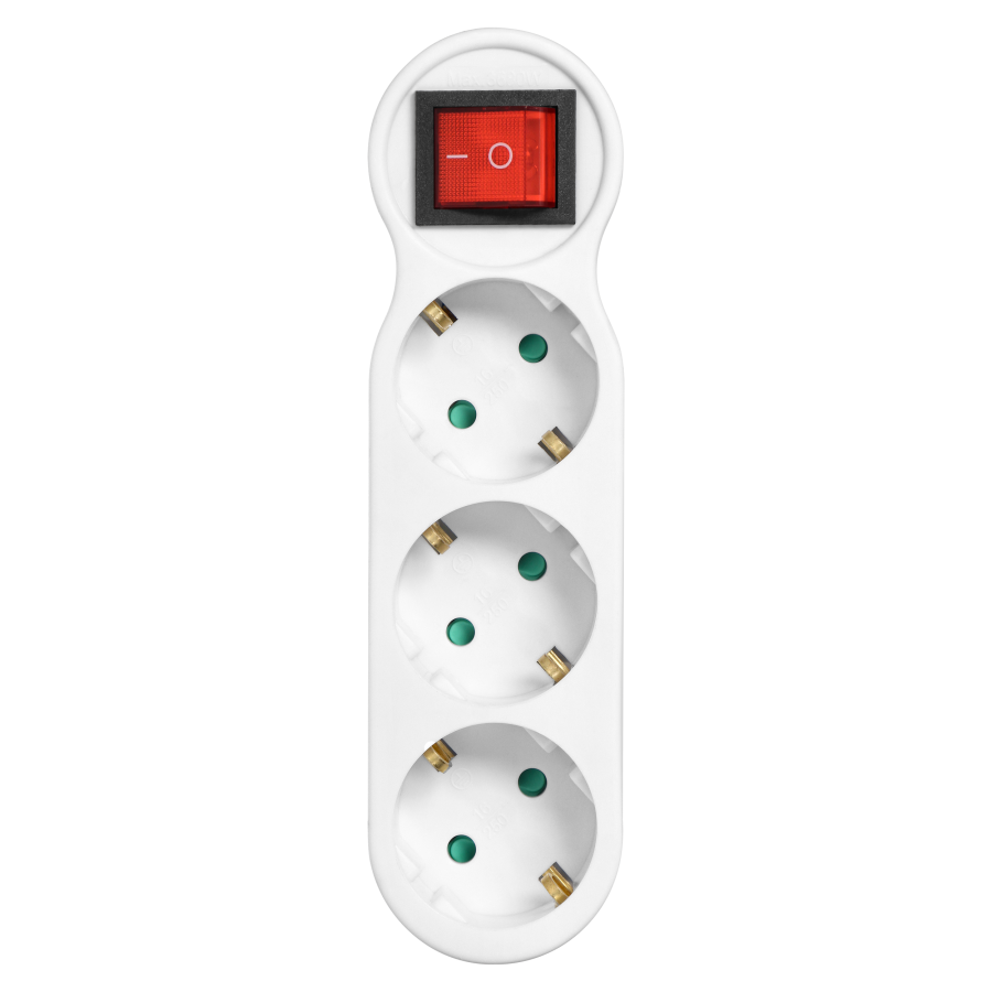 Socket splitter 3x2P+E (Schuko) with central switch and a plug on top, white