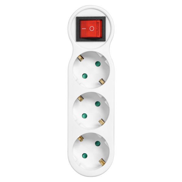 Socket splitter 3x2P+E (Schuko) with central switch and a plug on top, white