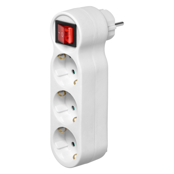 Rozgałęźnik 3x2P+Z (Schuko) z włącznikiem i wtyczką górną, biały