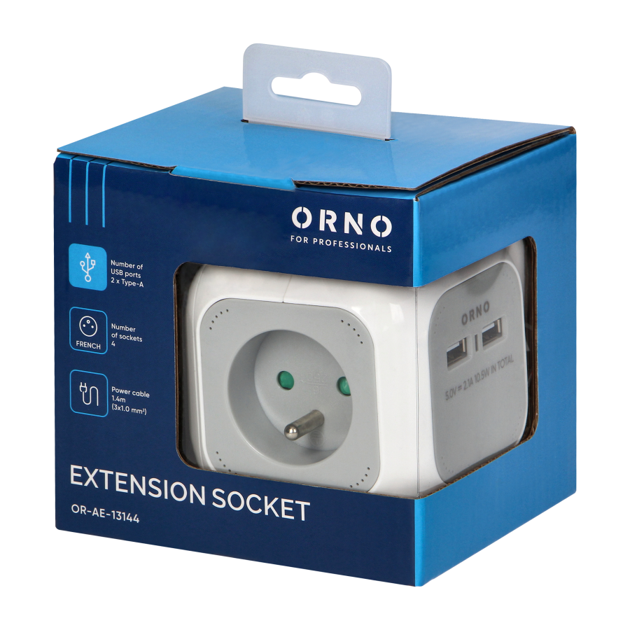 Extension sockets, 4 E-type sockets, 2 x USB, 1.4 m cable