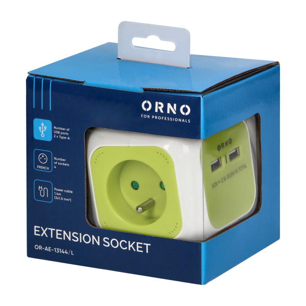 Extension sockets, 4 E-type sockets,  2 x USB charger, 1.4 m cable, lime