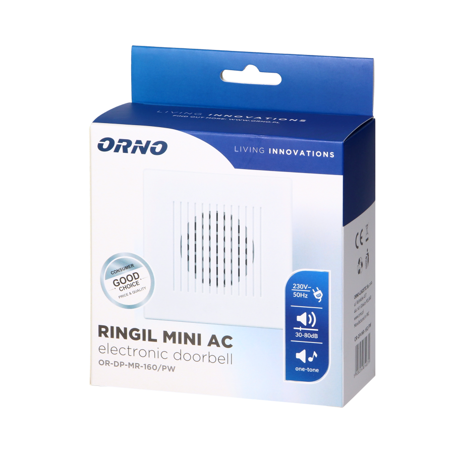 Dzwonek przewodowy elektroniczny jednotonowy RINGIL MINI AC, 230V, śnieżnobiały