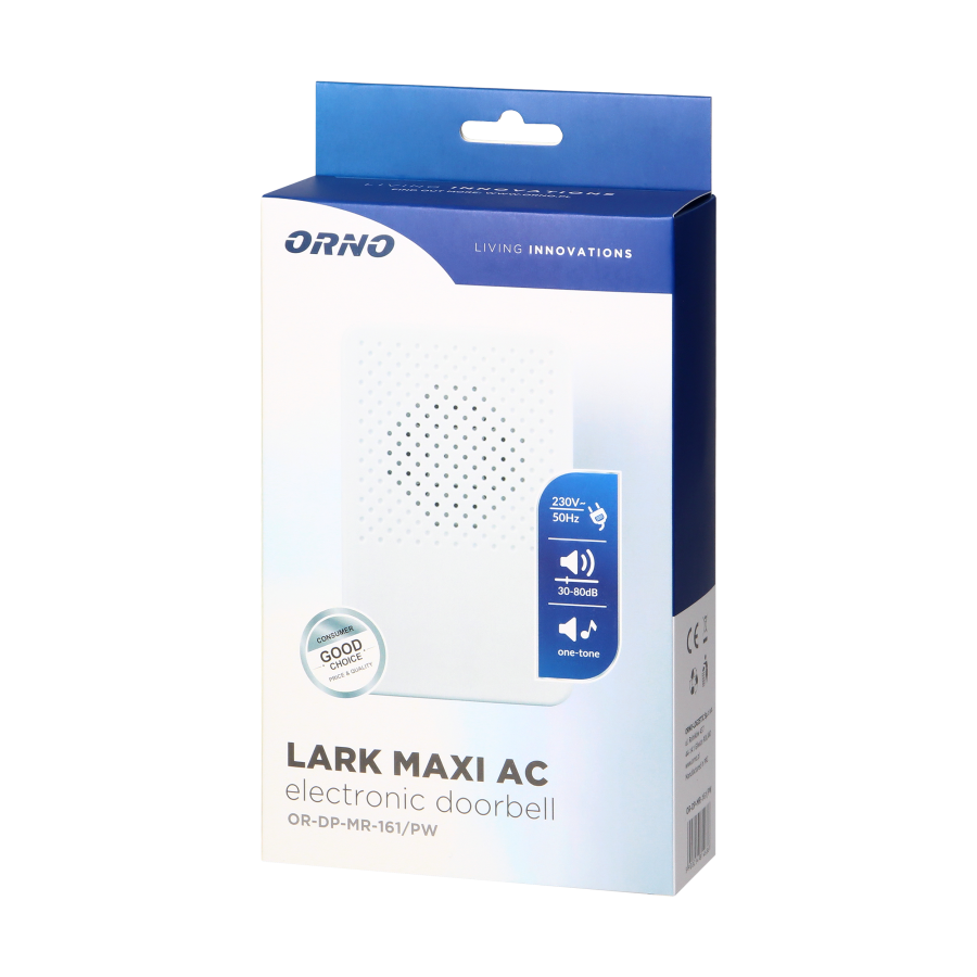 Dzwonek przewodowy elektroniczny jednotonowy LARK MAXI AC, 230V, śnieżnobiały