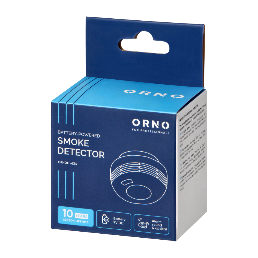 Battery-powered smoke detector, 9V battery, lifetime 10 years