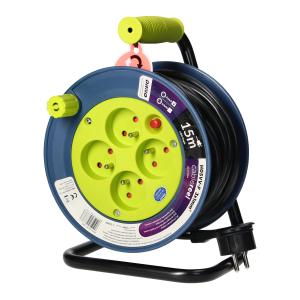 MINI cable reel with 4 sockets 2P+E, metal stand, cable: PVC H05VV-F 3x1mm², 15m, lime