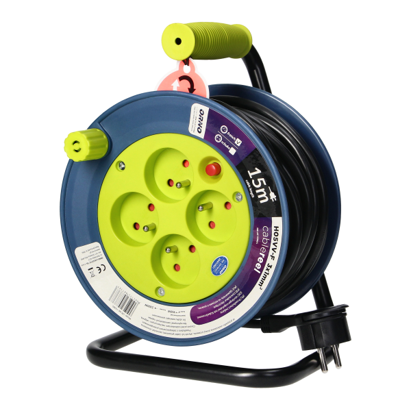 MINI cable reel with 4 sockets 2P+E, metal stand, cable: PVC H05VV-F 3x1mm², 15m, lime