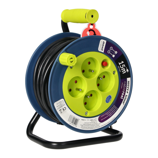 MINI cable reel with 4 sockets 2P+E, metal stand, cable: PVC H05VV-F 3x1mm², 15m, lime