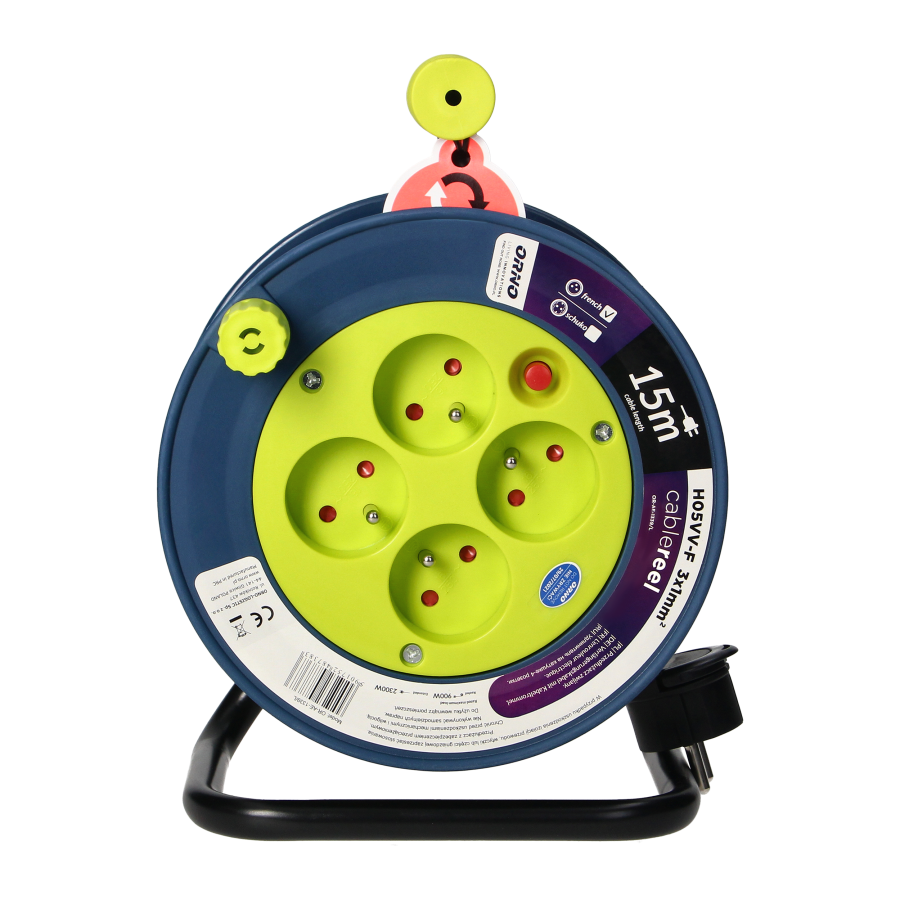 MINI cable reel with 4 sockets 2P+E, metal stand, cable: PVC H05VV-F 3x1mm², 15m, lime