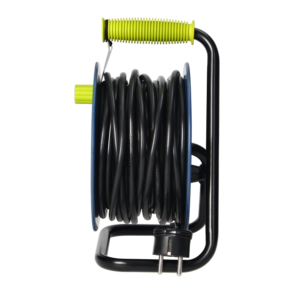 MINI cable reel with 4 sockets 2P+E, metal stand, cable: PVC H05VV-F 3x1mm², 15m, lime