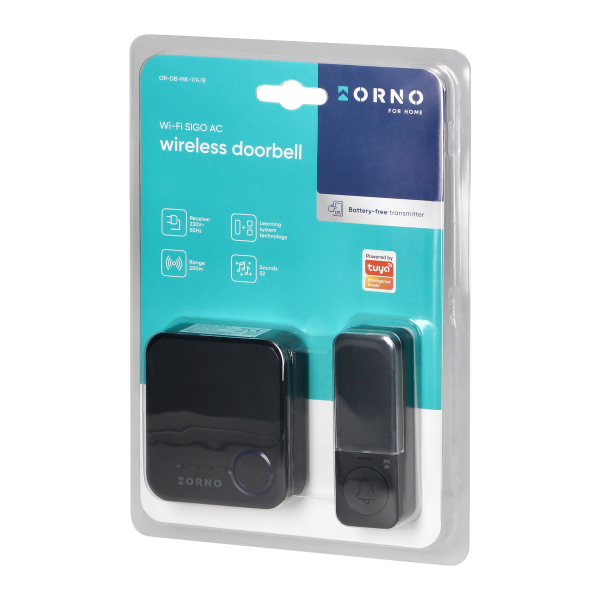 SIGO AC, wireless mains-powered doorbell with battery-free transmitter, Wi-Fi, learning system, 52 sounds, 200m, black