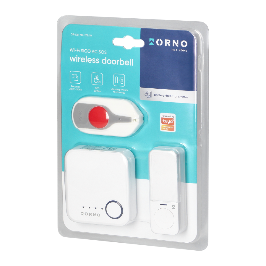 SIGO AC SOS, wireless mains-powered doorbell with battery-free door transmitter and battery-powered SOS transmitter, Wi-Fi, learning system, 52 sounds, 200m, white