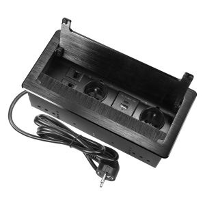 Gniazdo meblowe wpuszczane w blat z płaskim frezowanym rantem, szczotką przeciwkurzową i przewodem 1,5m, 2x2P+Z (French), 2xUSB (typ A+C; 3,6A), 2xNET, czarne