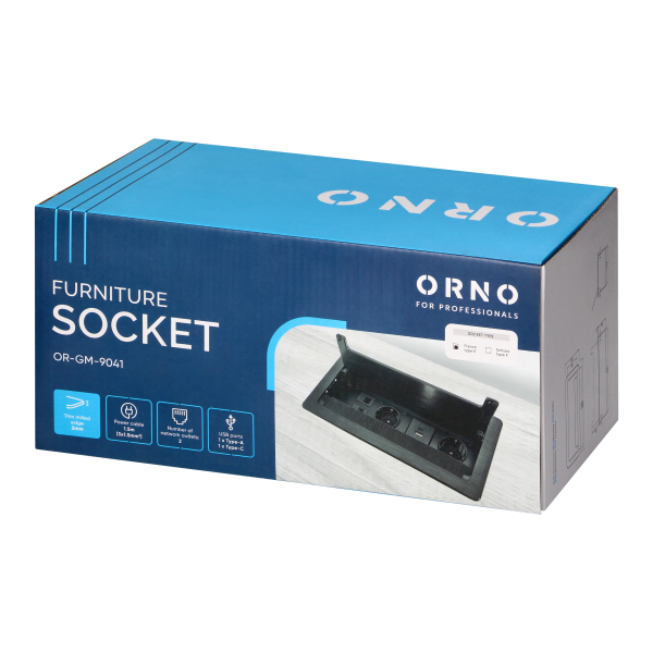 Recessed furniture socket with flat milled edge, anti-dust brush and 1.5m cable, 2x2P+E (French), 2x USB (type A+C; 3.6A), 2xNET, black