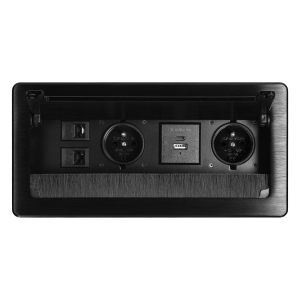 Recessed furniture socket with flat milled edge, anti-dust brush and 1.5m cable, 2x2P+E (French), 2x USB (type A+C; 3.6A), 2xNET, black