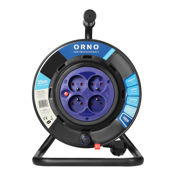 Przedłużacz bębnowy, 4 gniazda 2P+Z, kabel PVC H05VV-F 3x1,5mm², długość 25m, stałe gniazda, termik, przesłony torów prądowych.