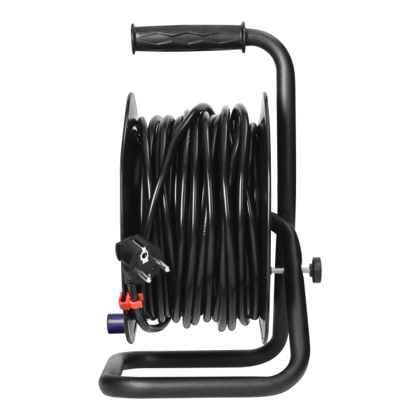 Przedłużacz bębnowy, 4 gniazda 2P+Z, kabel PVC H05VV-F 3x1,5mm², długość 25m, stałe gniazda, termik, przesłony torów prądowych.