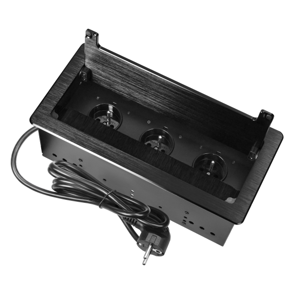 Gniazdo meblowe wpuszczane w blat z płaskim frezowanym rantem, szczotką przeciwkurzową i przewodem 1,5m, 3x2P+Z (French), czarne