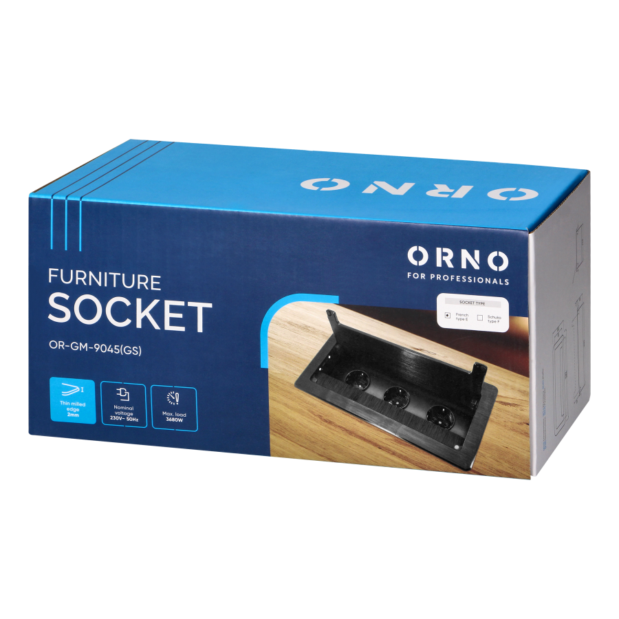 Recessed furniture socket with flat milled edge, anti-dust brush and 1.5m cable, 3x2P+E (French), black