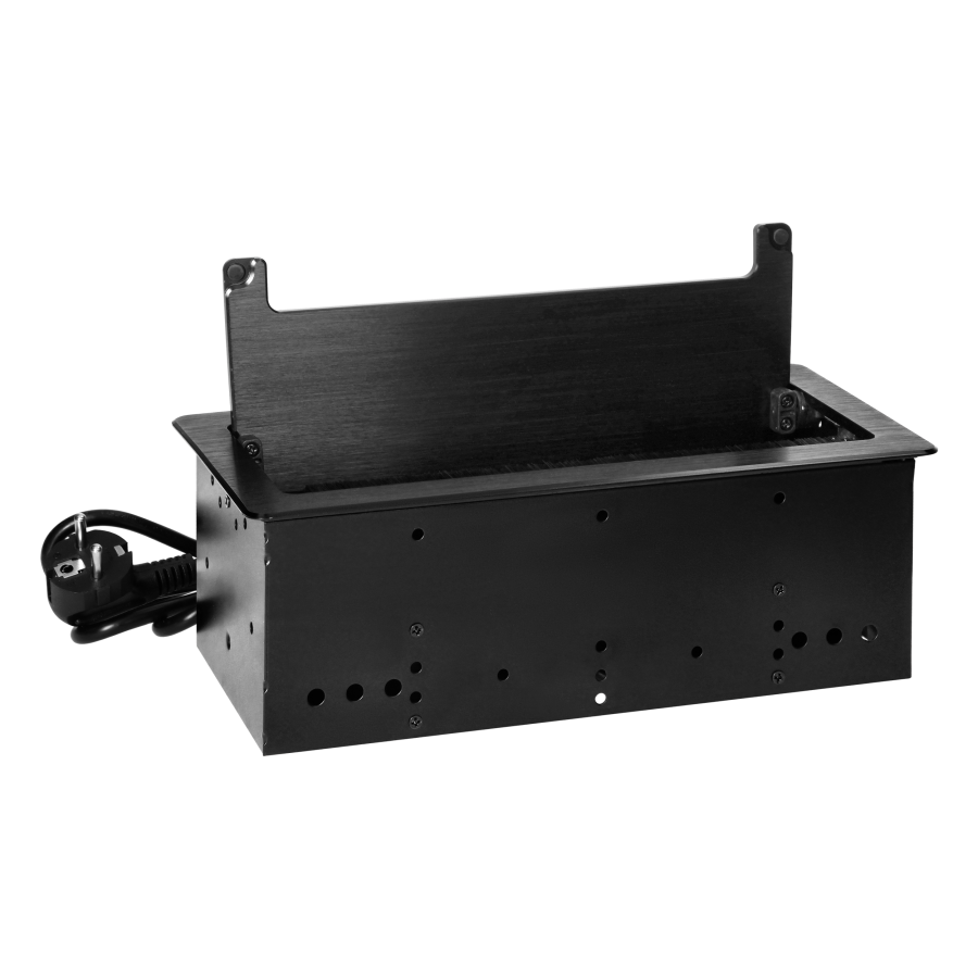 Recessed furniture socket with flat milled edge, anti-dust brush and 1.5m cable, 3x2P+E (French), black