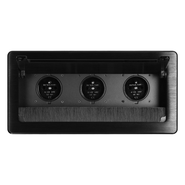 Recessed furniture socket with flat milled edge, anti-dust brush and 1.5m cable, 3x2P+E (French), black