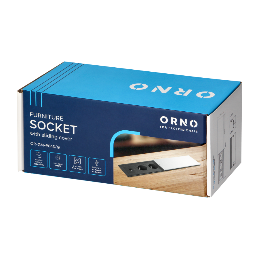 Furniture socket with sliding cover and 1.8m cable, 2x2P+E (French), 2xUSB (type A+C; 4.2A), silver