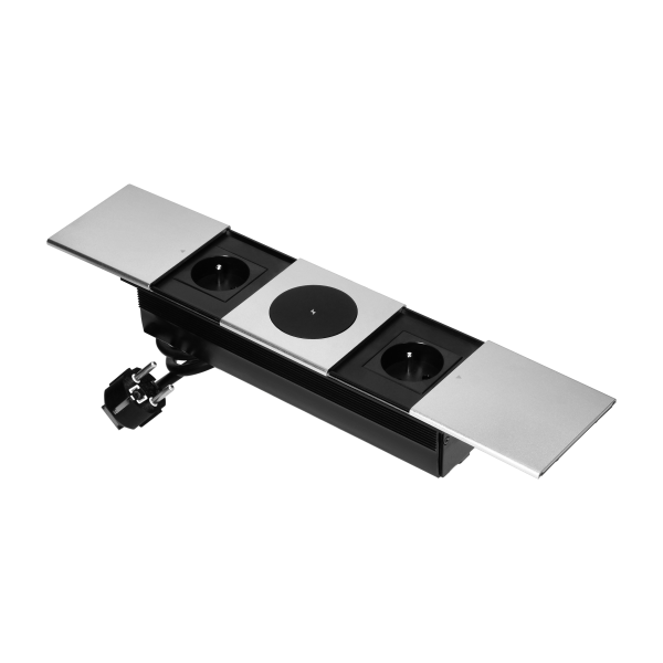 Furniture socket with sliding cover and and 1.8m cable, wireless charger 15W, 2x2P+E (French), silver
