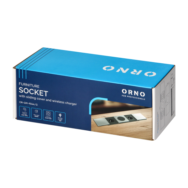 Furniture socket with sliding cover and and 1.8m cable, wireless charger 15W, 2x2P+E (French), silver