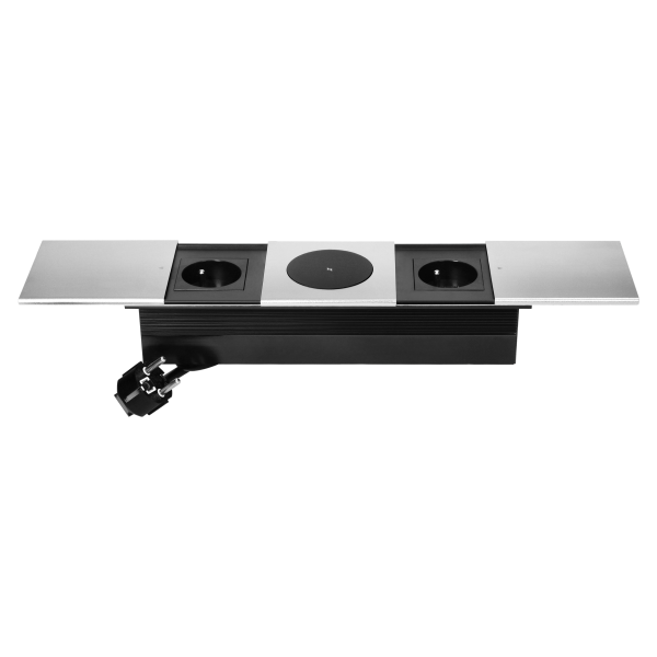 Furniture socket with sliding cover and and 1.8m cable, wireless charger 15W, 2x2P+E (French), silver