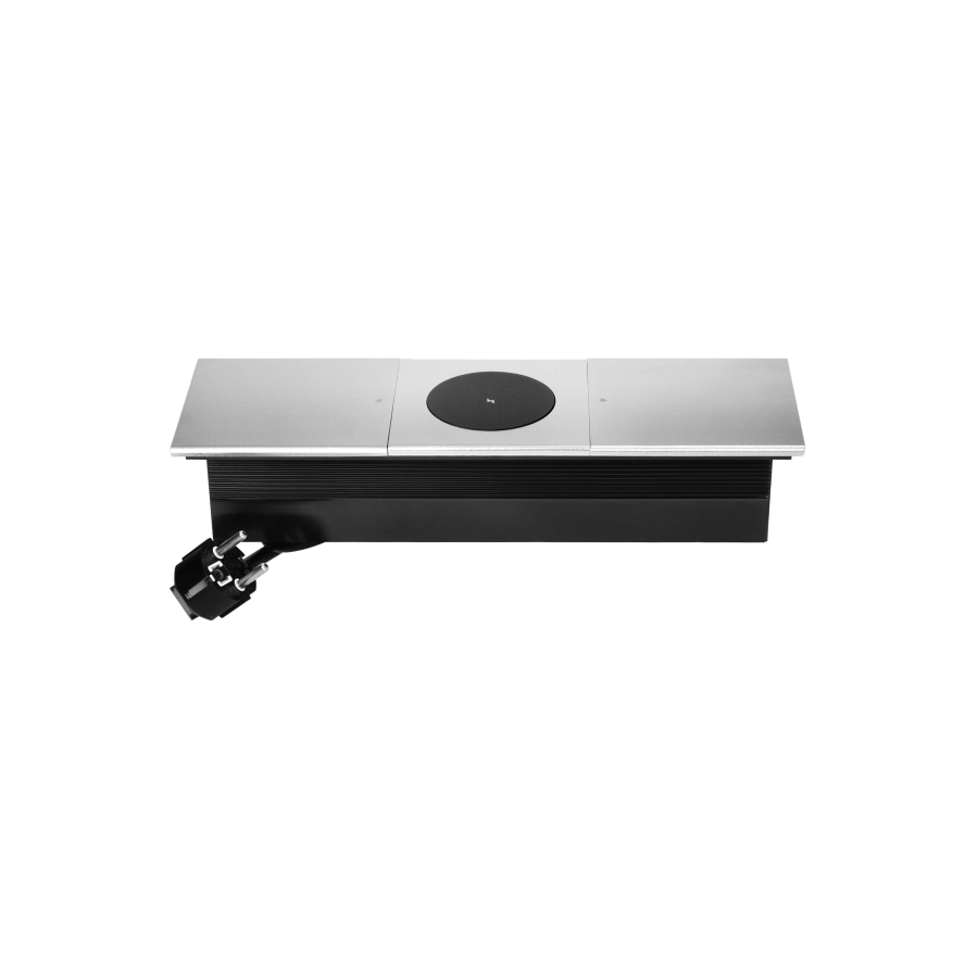 Furniture socket with sliding cover and and 1.8m cable, wireless charger 15W, 2x2P+E (French), silver