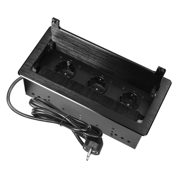 Gniazdo meblowe wpuszczane w blat z płaskim frezowanym rantem, szczotką przeciwkurzową i przewodem 1,5m, 3x2P+Z (Schuko), czarne