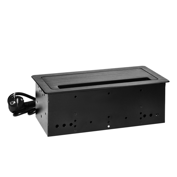 Recessed furniture socket with flat milled edge, anti-dust brush and 1.5m cable, 3x2P+E (Schuko), black