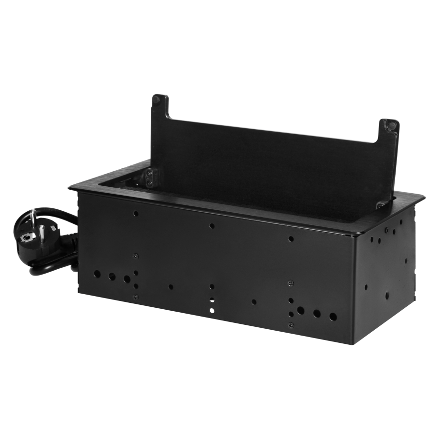 Recessed furniture socket with flat milled edge, anti-dust brush and 1.5m cable, 3x2P+E (Schuko), black