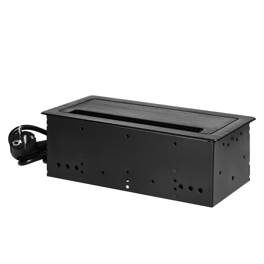 Gniazdo meblowe wpuszczane w blat z płaskim frezowanym rantem, szczotką przeciwkurzową i przewodem 1,5m, 3x2P+Z (Schuko), czarne