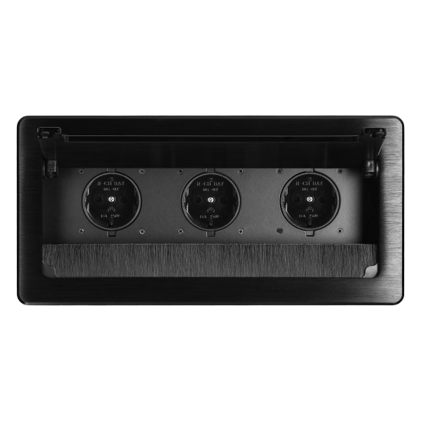 Recessed furniture socket with flat milled edge, anti-dust brush and 1.5m cable, 3x2P+E (Schuko), black