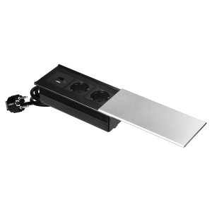 Gniazdo meblowe z przesuwną pokrywą, 2x2P+Z (Schuko), USB A+C, srebrne