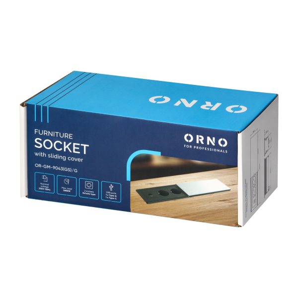 Furniture socket with sliding cover and 1.8m cable, 2x2P+E (Schuko), 2xUSB (type A+C; 4.2A), silver