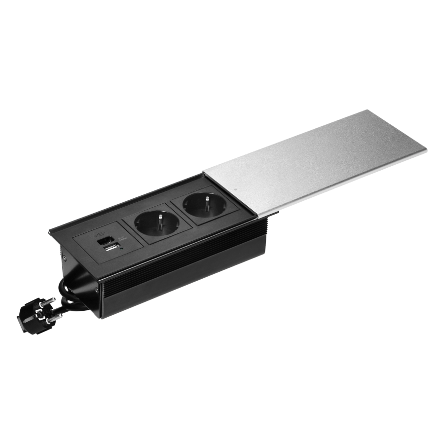 Gniazdo meblowe z przesuwną pokrywą, 2x2P+Z (Schuko), USB A+C, srebrne