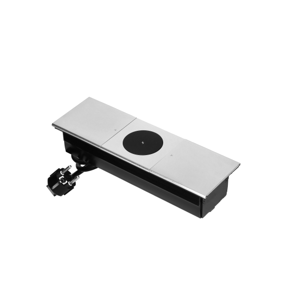 Furniture socket with sliding cover and 1.8m cable, wireless charger 15W, 2x2P+E (Schuko), silver