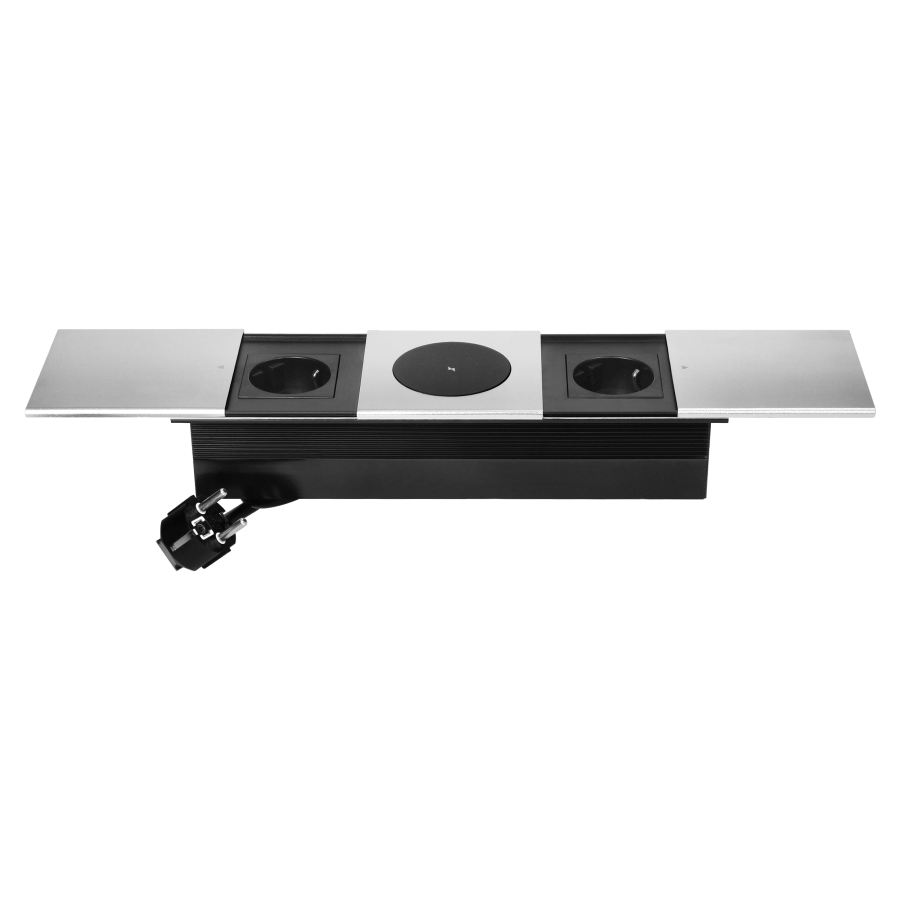 Furniture socket with sliding cover and 1.8m cable, wireless charger 15W, 2x2P+E (Schuko), silver