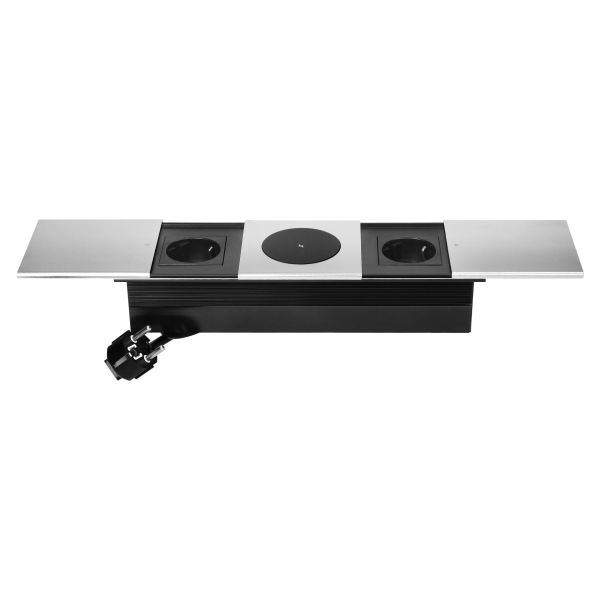 Furniture socket with sliding cover and 1.8m cable, wireless charger 15W, 2x2P+E (Schuko), silver