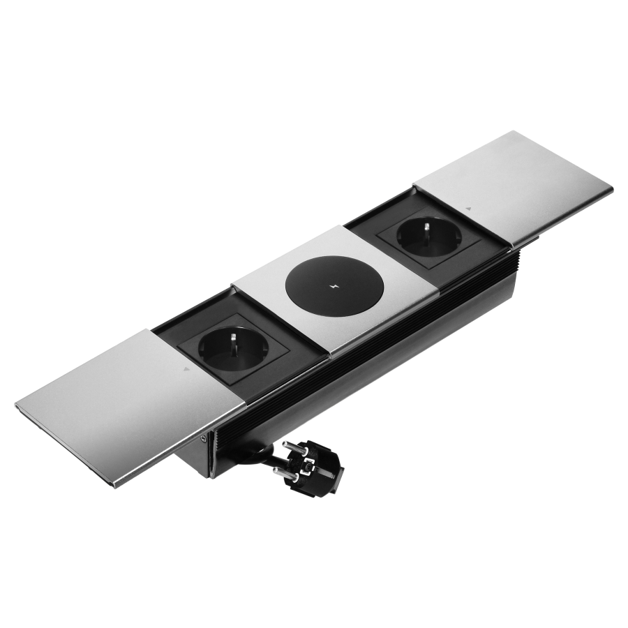 Furniture socket with sliding cover and 1.8m cable, wireless charger 15W, 2x2P+E (Schuko), silver